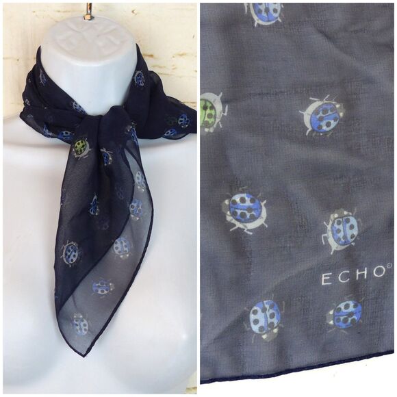 Echo Silk Scarf Square Ladybug Print 21" Sheer Chiffon Blue Green 90s Y2K - Picture 1 of 16